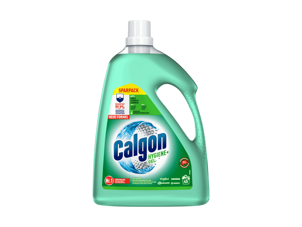 Bouteille de Calgon Hygiene+ Gel, un additif pour machine à laver qui combat le calcaire, la saleté et les odeurs.