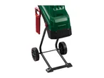 Green and black garden shredder with wheels and a red pusher tool.