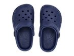 Pair of dark blue clogs with ventilation holes, seen from above.