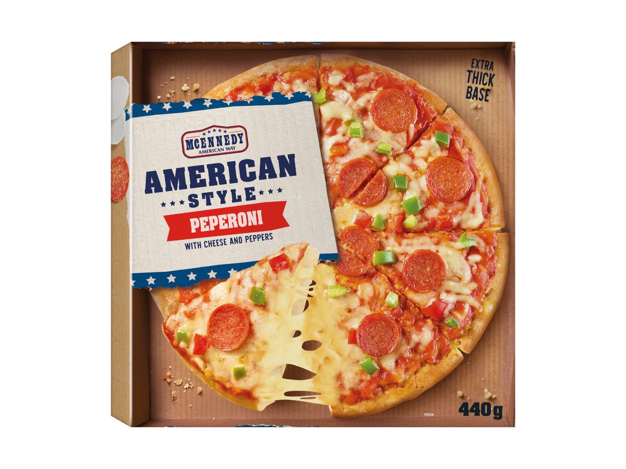 American style pepperoni pizza with cheese and peppers, extra thick base, in a box.