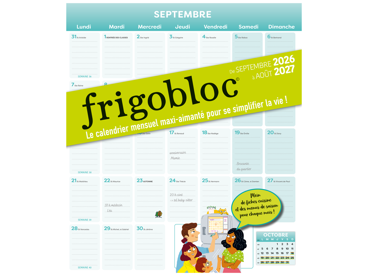 Calendrier mensuel aimanté pour septembre 2026 à août 2027, avec des recettes et menus.