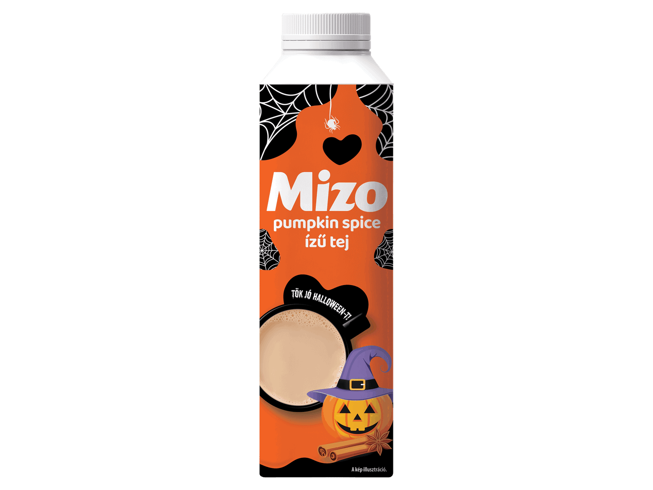 Sütőtökös fűszeres ízű tej halloweeni mintás dobozban.