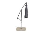 Folded cantilever patio umbrella with a dark grey canopy and a beige base.