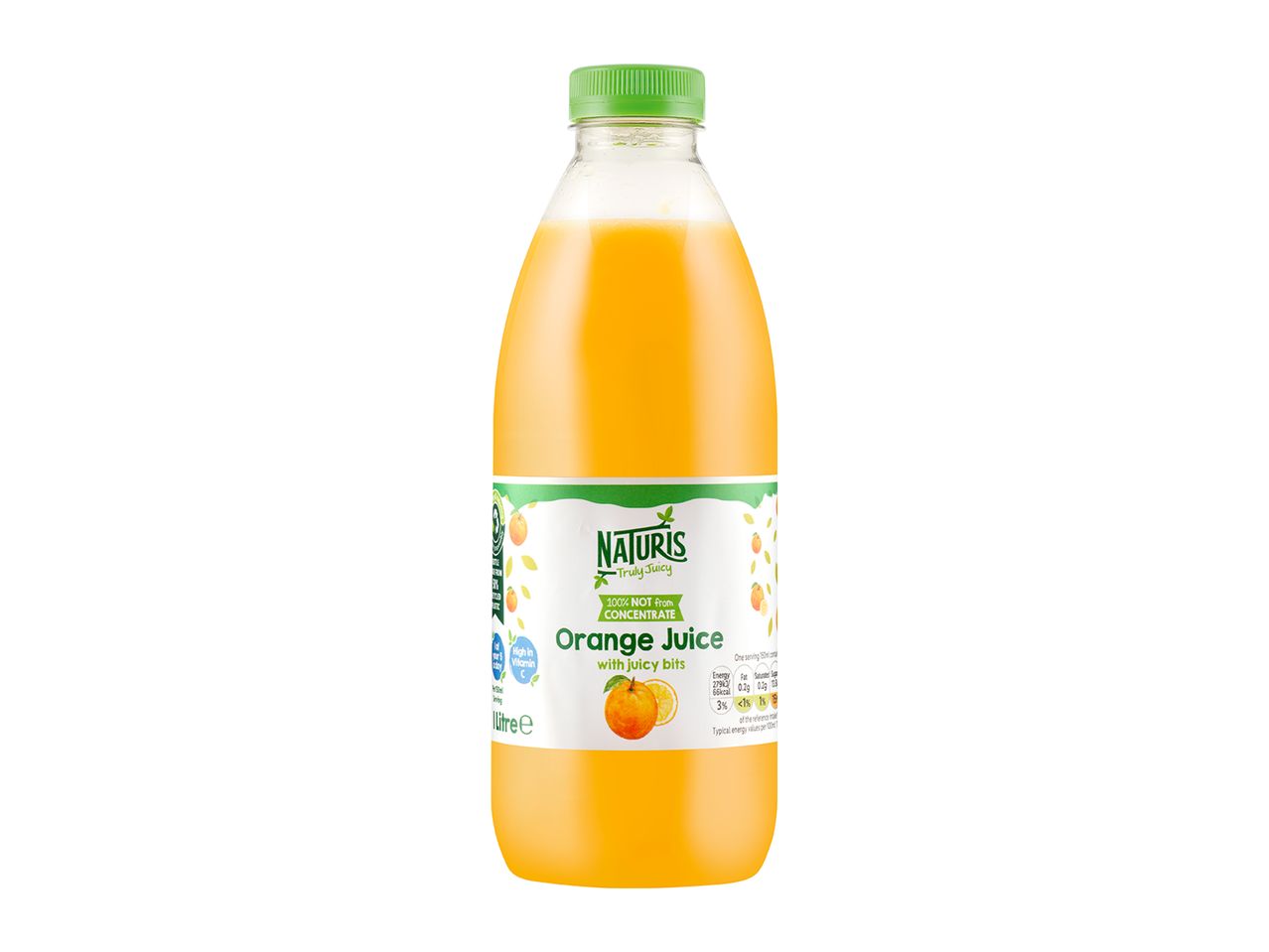 Naturis orange juice with juicy bits, 100% not from concentrate.