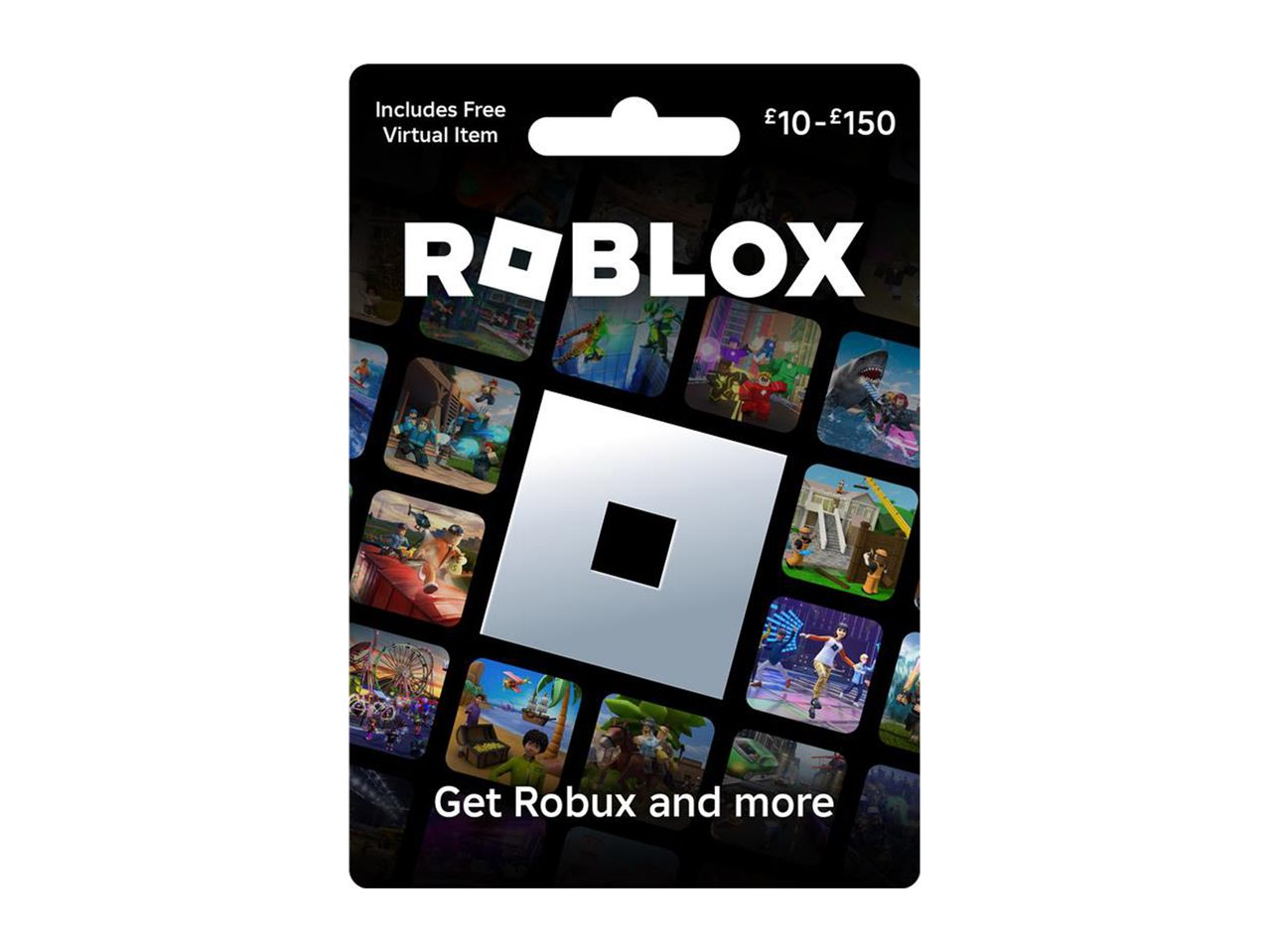 Roblox gift card with various game scenes and text 'Get Robux and more'.