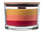 Glass jar candle with a wooden lid and three layers of colored wax