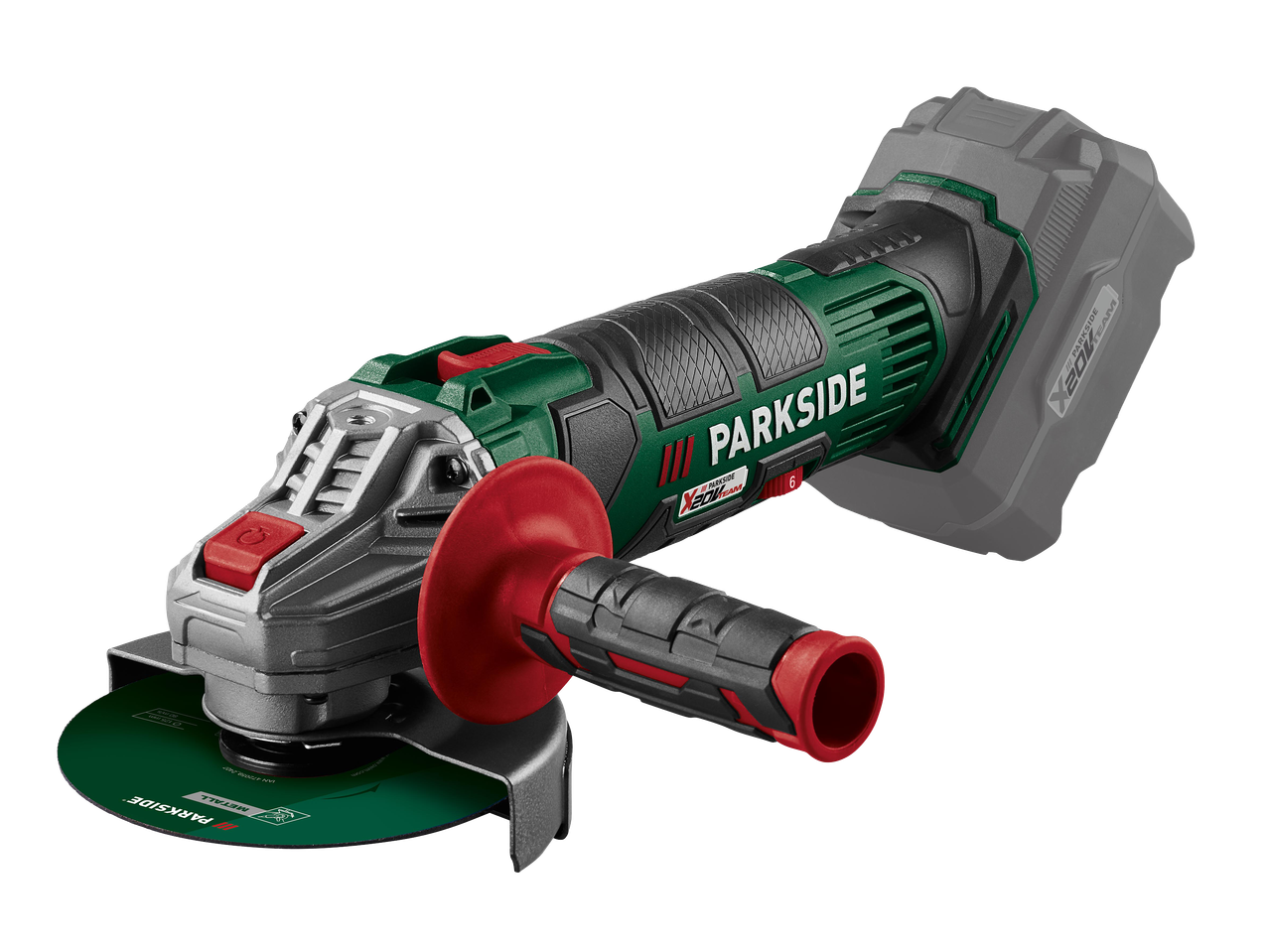 Akkus sarokcsiszoló fémvágó tárcsával és kiegészítő fogantyúval, fekete háttér előtt.