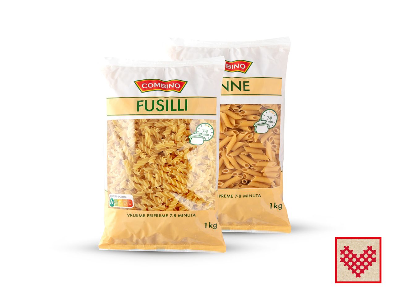 Dvije vrećice Combino tjestenine, fusilli i penne, s informacijama o kuhanju i težini.