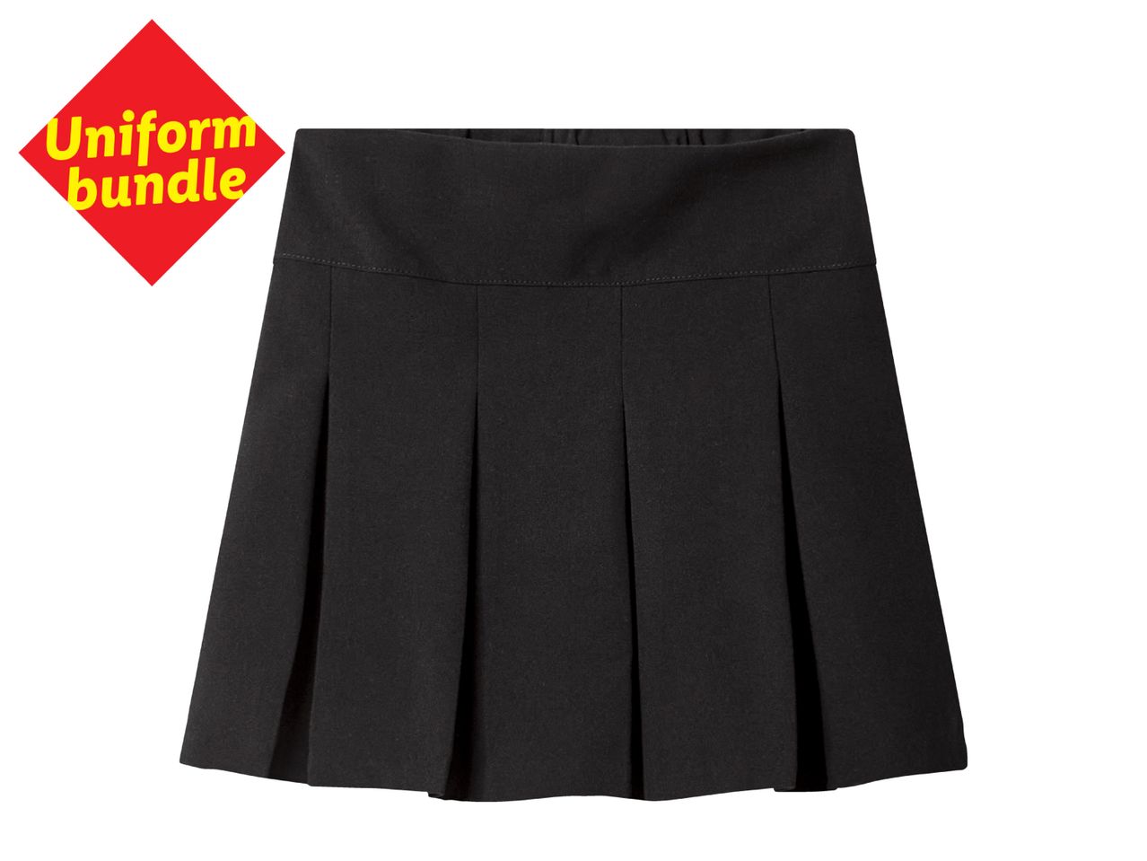 Black pleated school skirt with a red 'Uniform bundle' label.