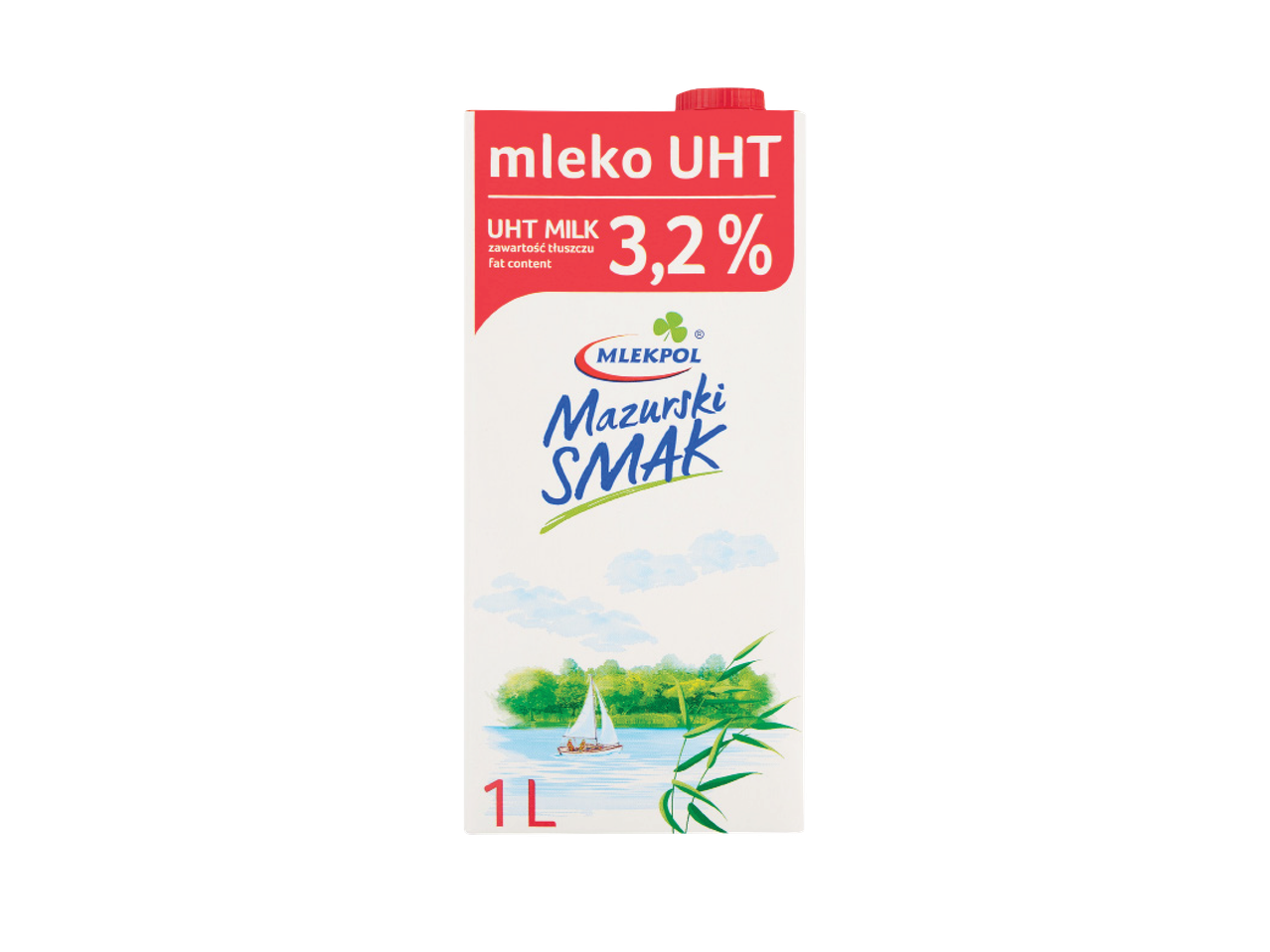 UHT pienas su 3,2% riebalų, 1 litras, su ežero ir burlaivio iliustracija.