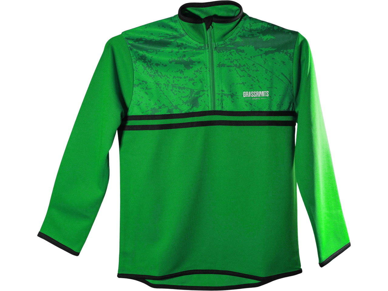 Green long-sleeved sports top with a quarter-zip and black stripes.