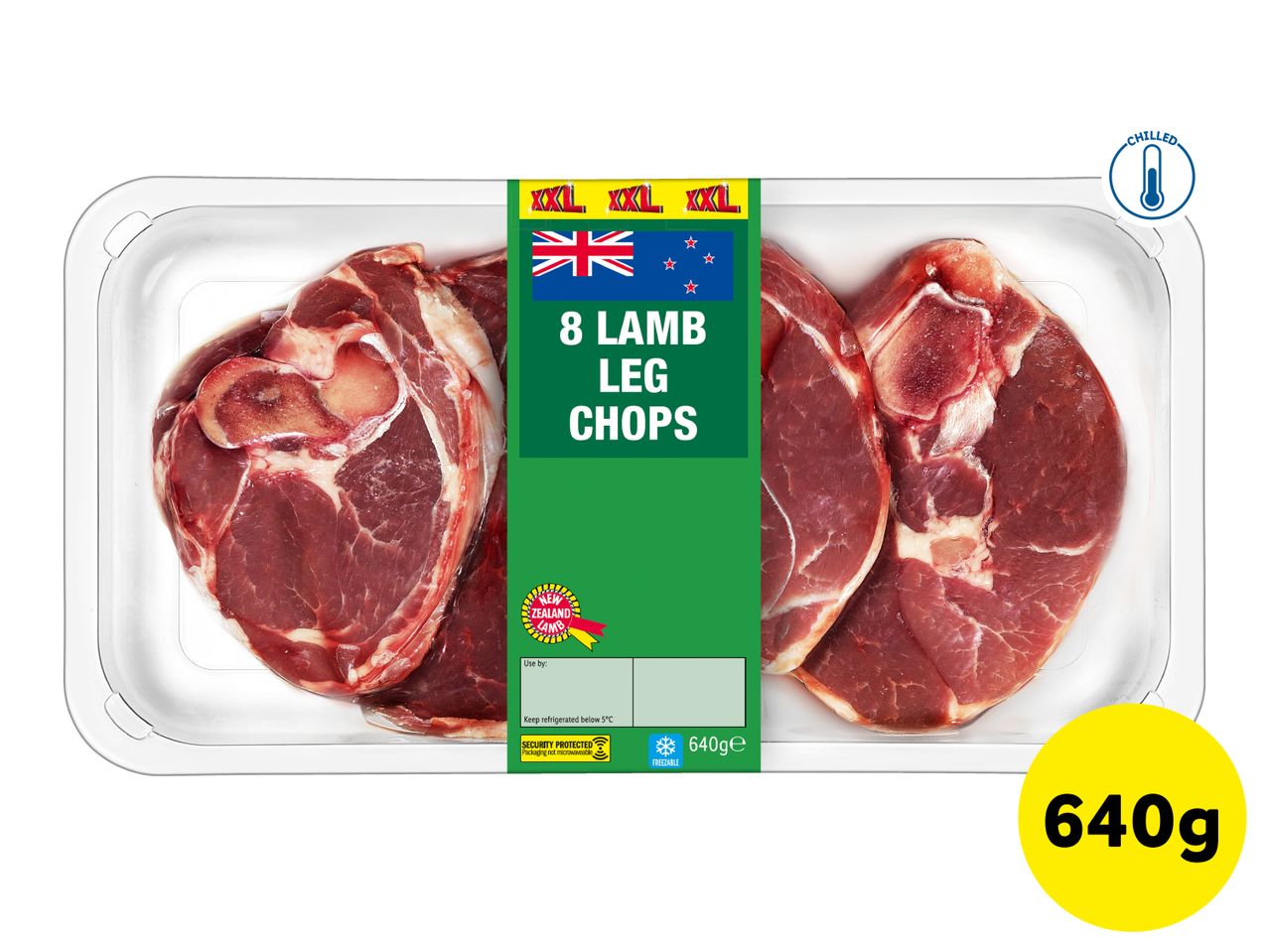 Chilled 8 lamb leg chops in a clear tray with a green label, 640g.