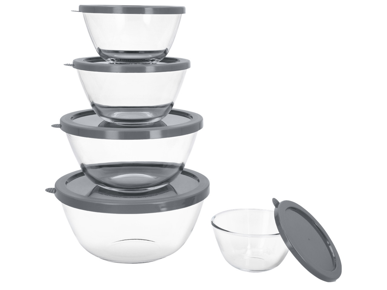 Комплект от стъклени купи за смесване с капаци в различни размери.