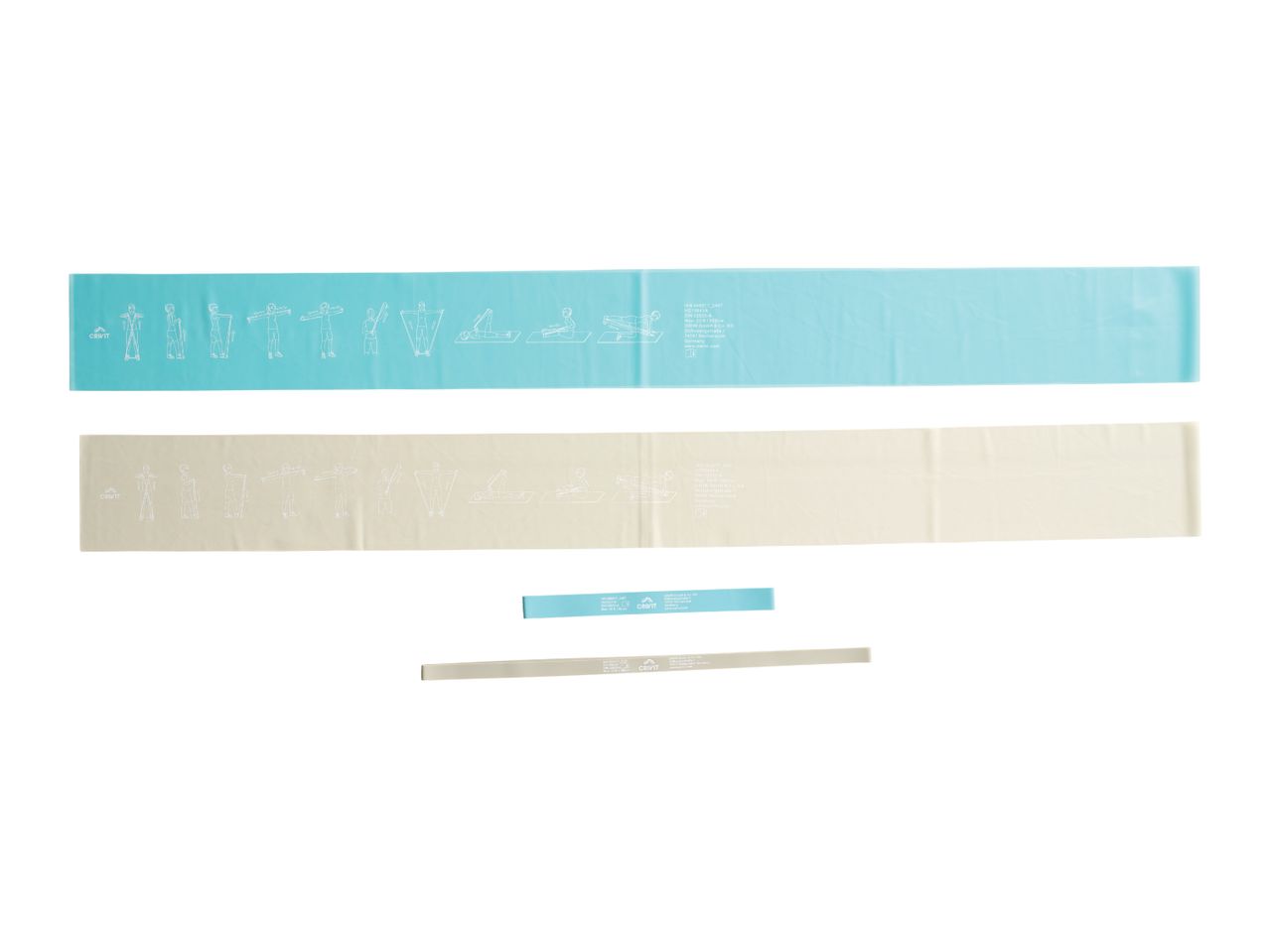 Four Crivit resistance bands in blue and beige, with exercise diagrams and product information.