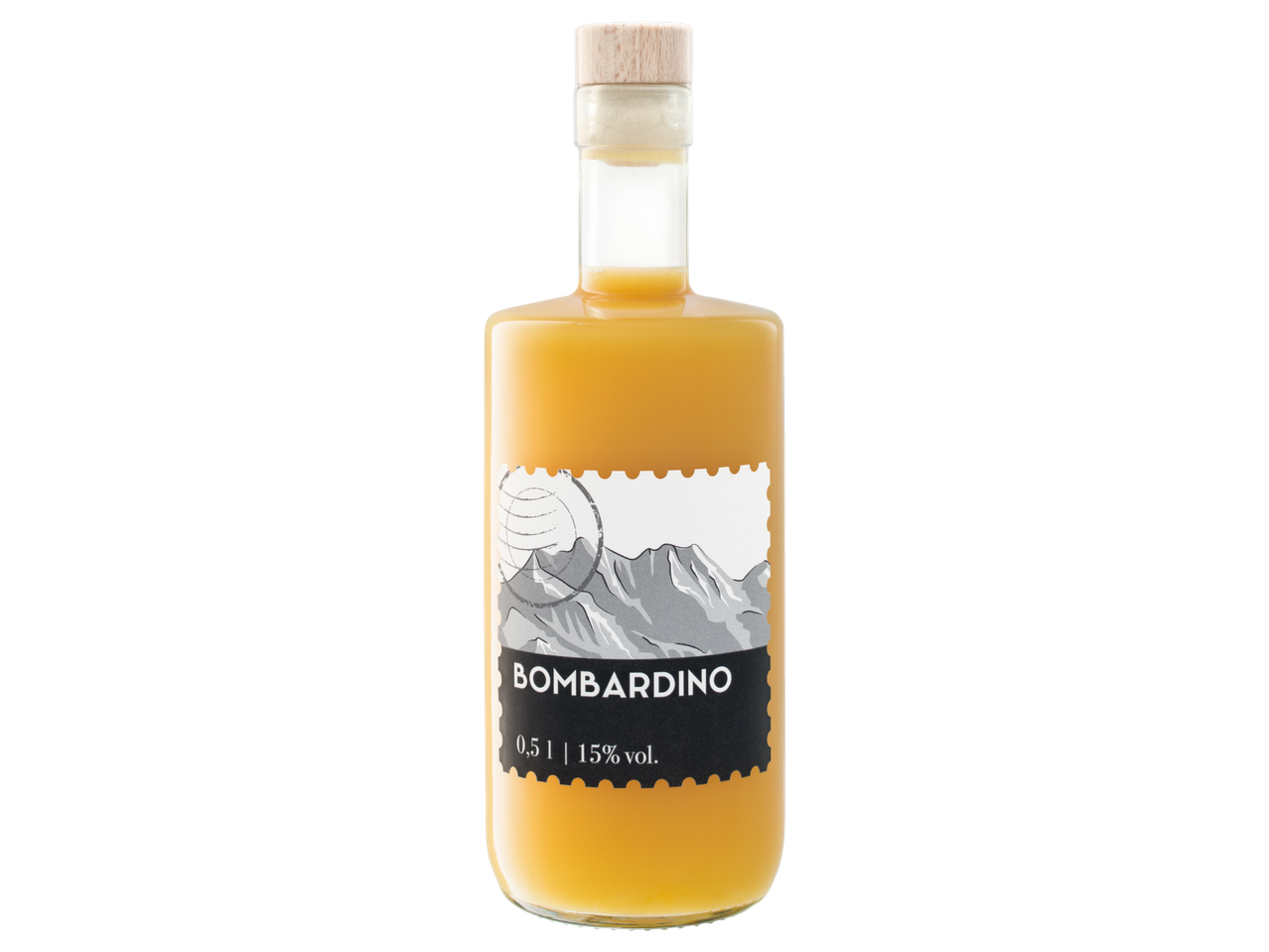 Sticlă de lichior de ouă Bombardino cu etichetă montană, 0,5 l, 15% vol.