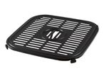 Black square air fryer grill plate with slotted surface and a central handle.