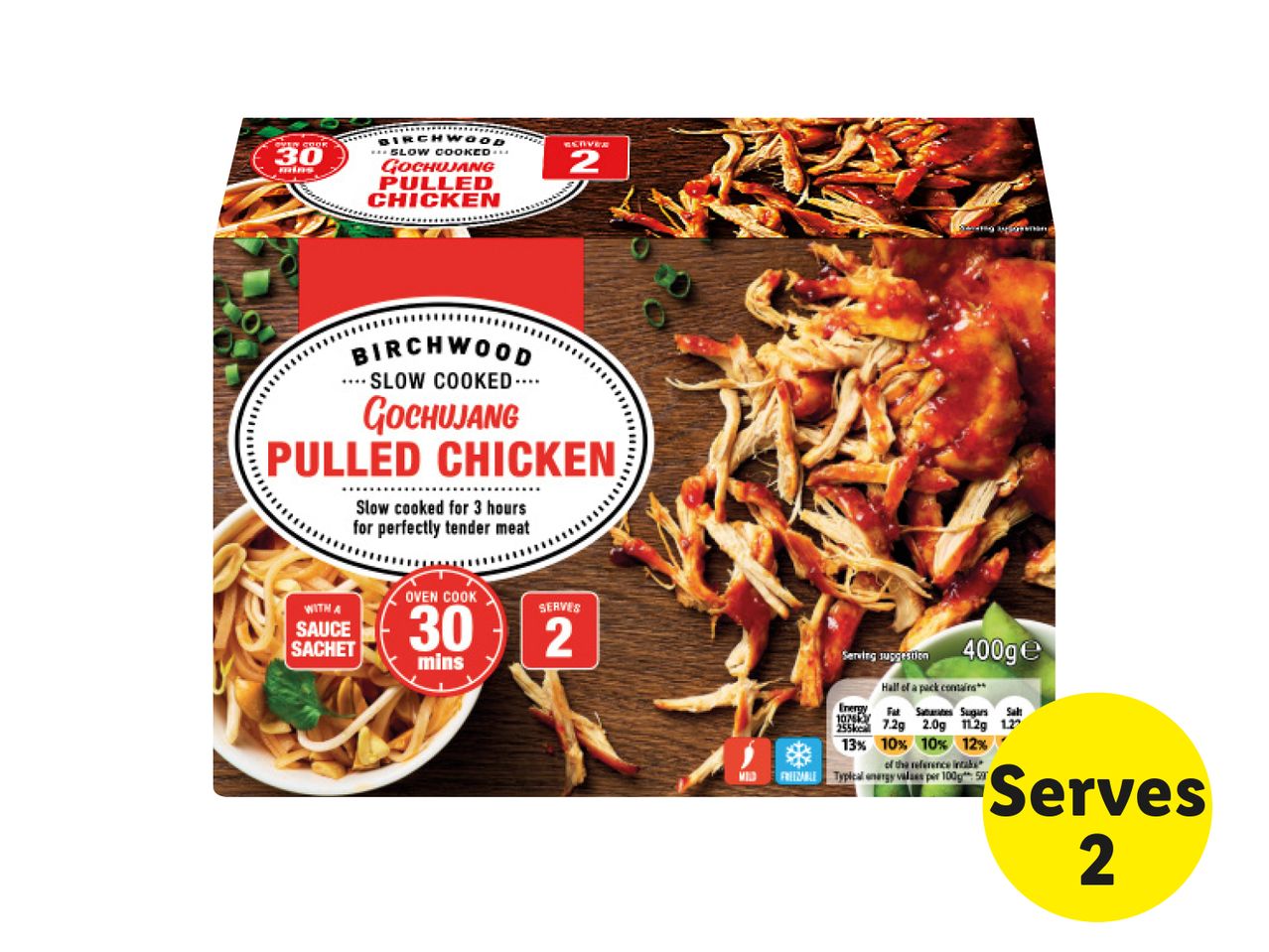 Birchwood Slow Cooked Gochujang Pulled Chicken, serves 2, 400g.