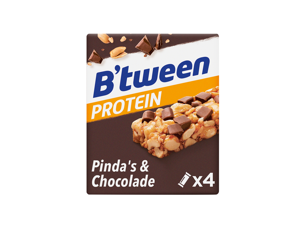 Verpakking van 4 proteïnerepen met pinda's en chocolade.