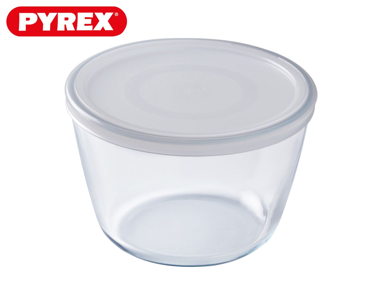 Clear glass food storage container with a translucent white lid.