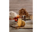 Autumnal acorn decoration on a tray with candles and dried flowers.