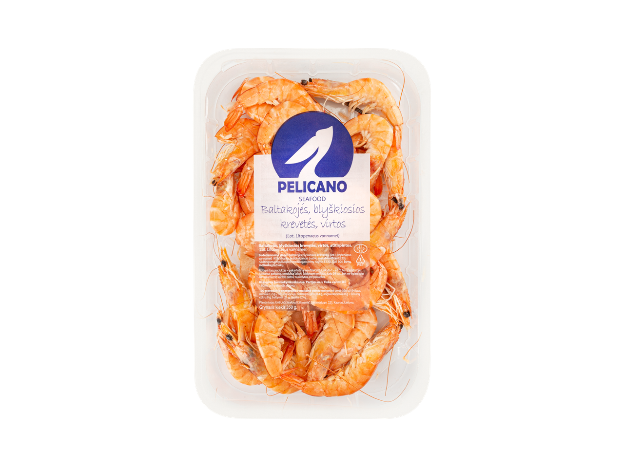 Virtos baltakojės blyškiosios krevetės permatomoje pakuotėje su Pelicano Seafood etikete.