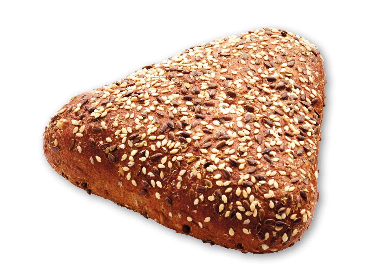 Et trekantet brød med sesamfrø og hørfrø på toppen.