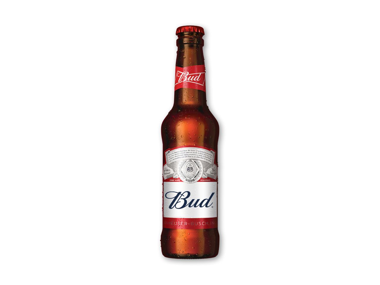 En flaske øl med vanddråber på, med en rød etiket der siger 'Bud'.