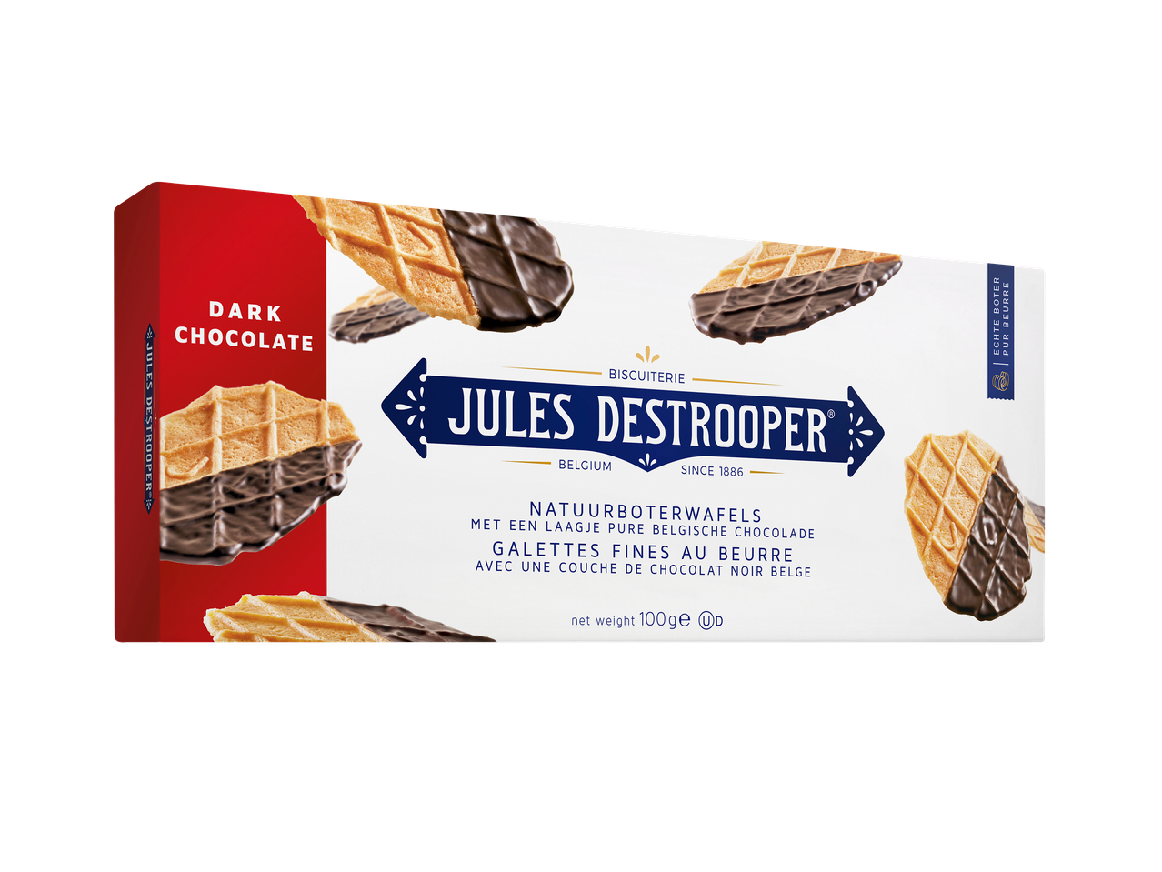 Een rode en witte doos met chocoladekoekjes, met de tekst 'DARK CHOCOLATE' en 'NATUURBOTERWAFELS'.