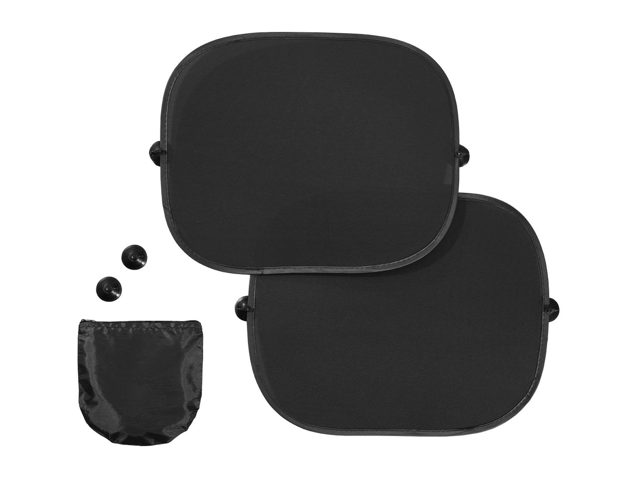 Two black car sun shades with suction cups and a storage pouch on a white background.