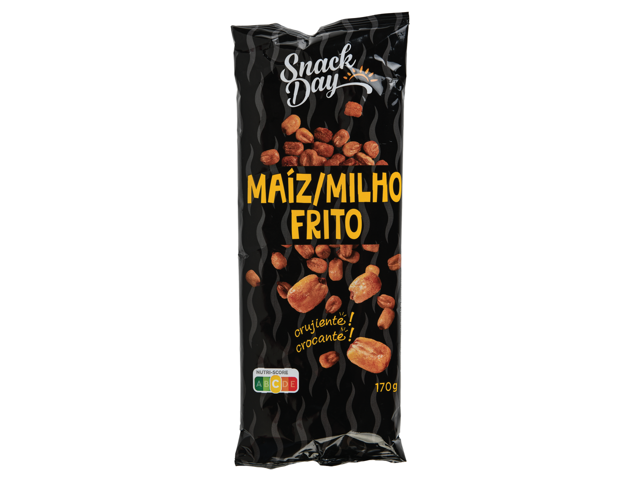 Snack Day Maíz/Milho Frito, snack de milho torrado numa embalagem preta de 170g.