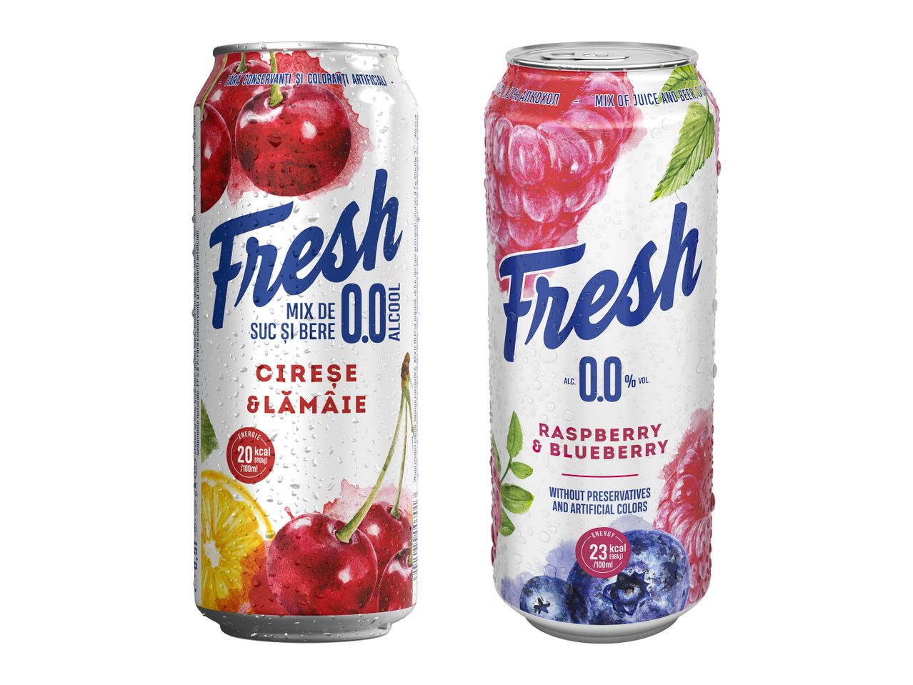 Două doze de băutură Fresh, una cu cireșe și lămâie, cealaltă cu zmeură și afine.