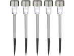 Five Livarno LED solar lights with stainless steel tops and bright white light.