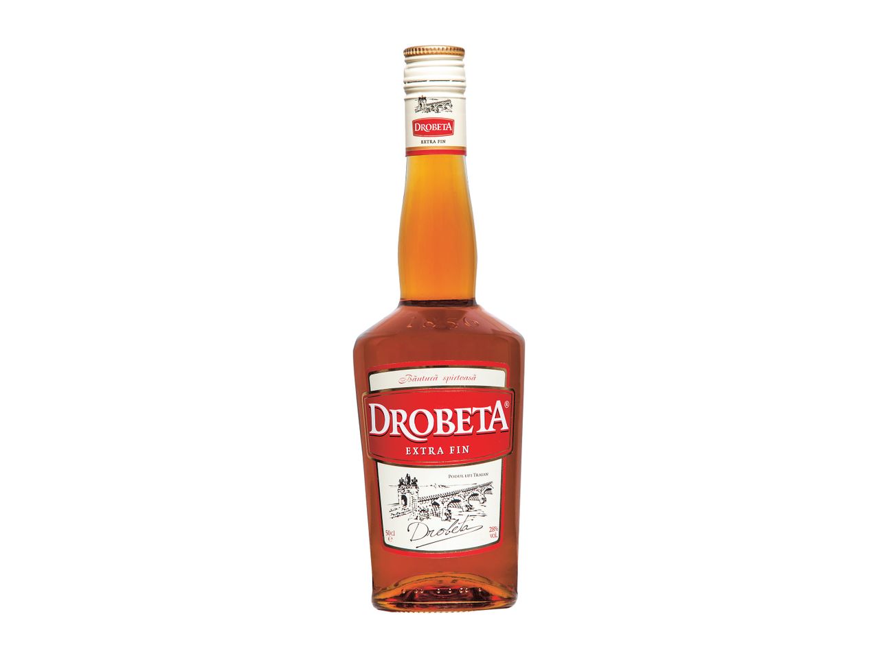 O sticlă de băutură spirtoasă Drobeta Extra Fin.