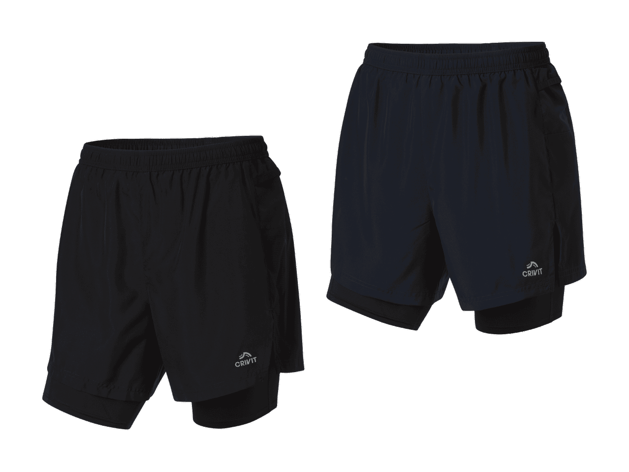 Zwei Crivit Herren-Laufshorts, eine schwarze und eine dunkelblaue.