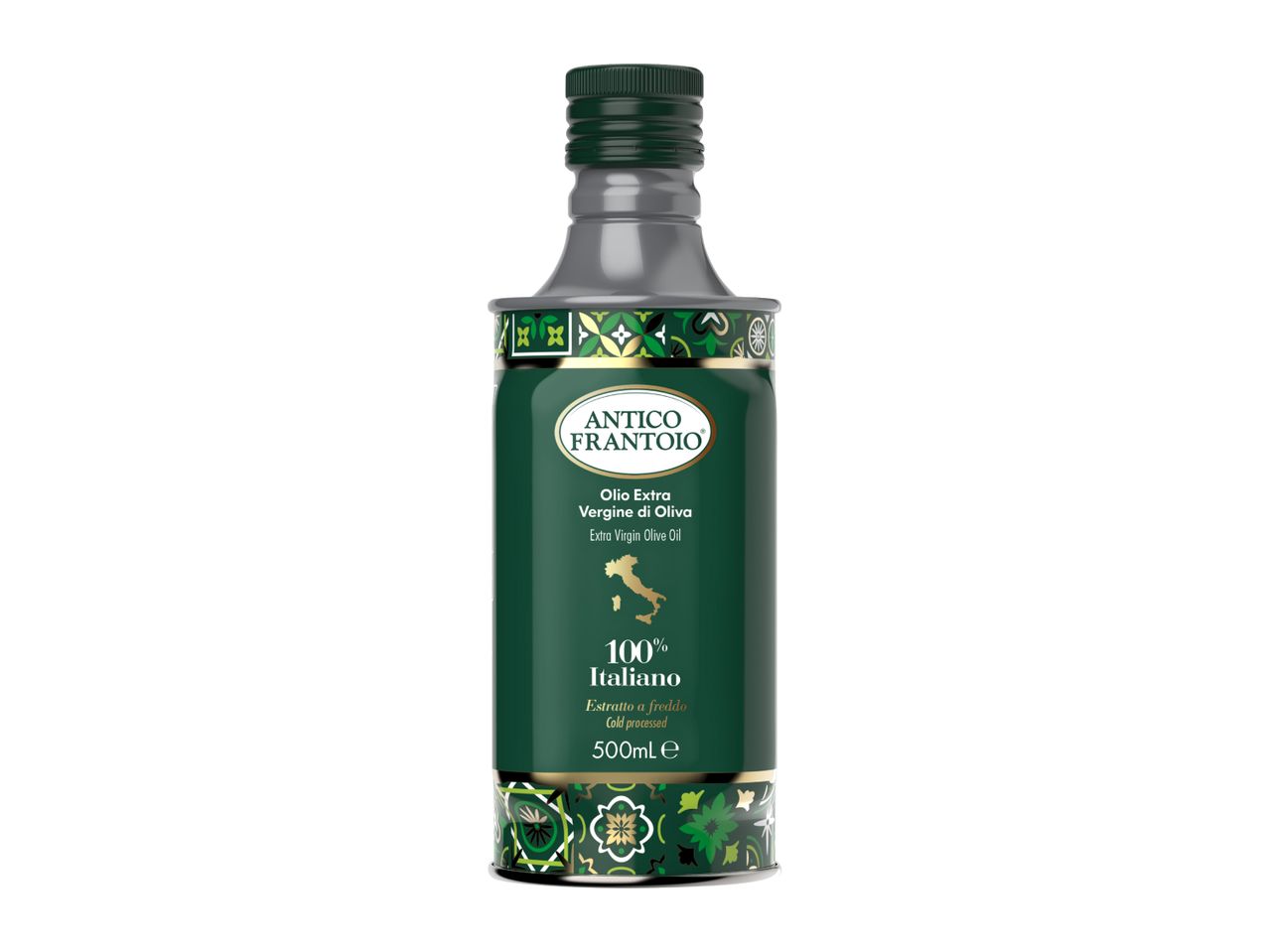 Green bottle of extra virgin olive oil with a gold map of Italy and decorative patterns.