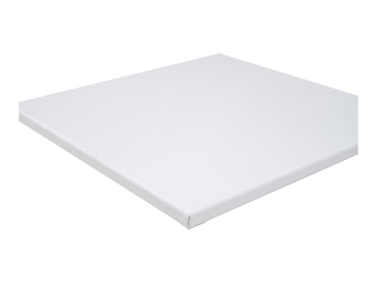 A blank white stretched canvas for painting, viewed from an angle.