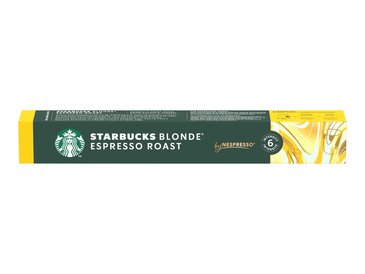 Starbucks Blonde Espresso Roast coffee pods by Nespresso, with an intensity level of 6.