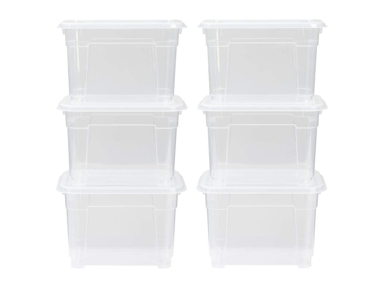 Six transparent plastic storage boxes with lids, stacked in two columns of three.