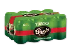 En 12-pakke pilsnerøl i grøn indpakning med rød og sort etiket.