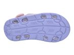 Bottom view of a light purple children's sandal with clear light-up elements on the sole.