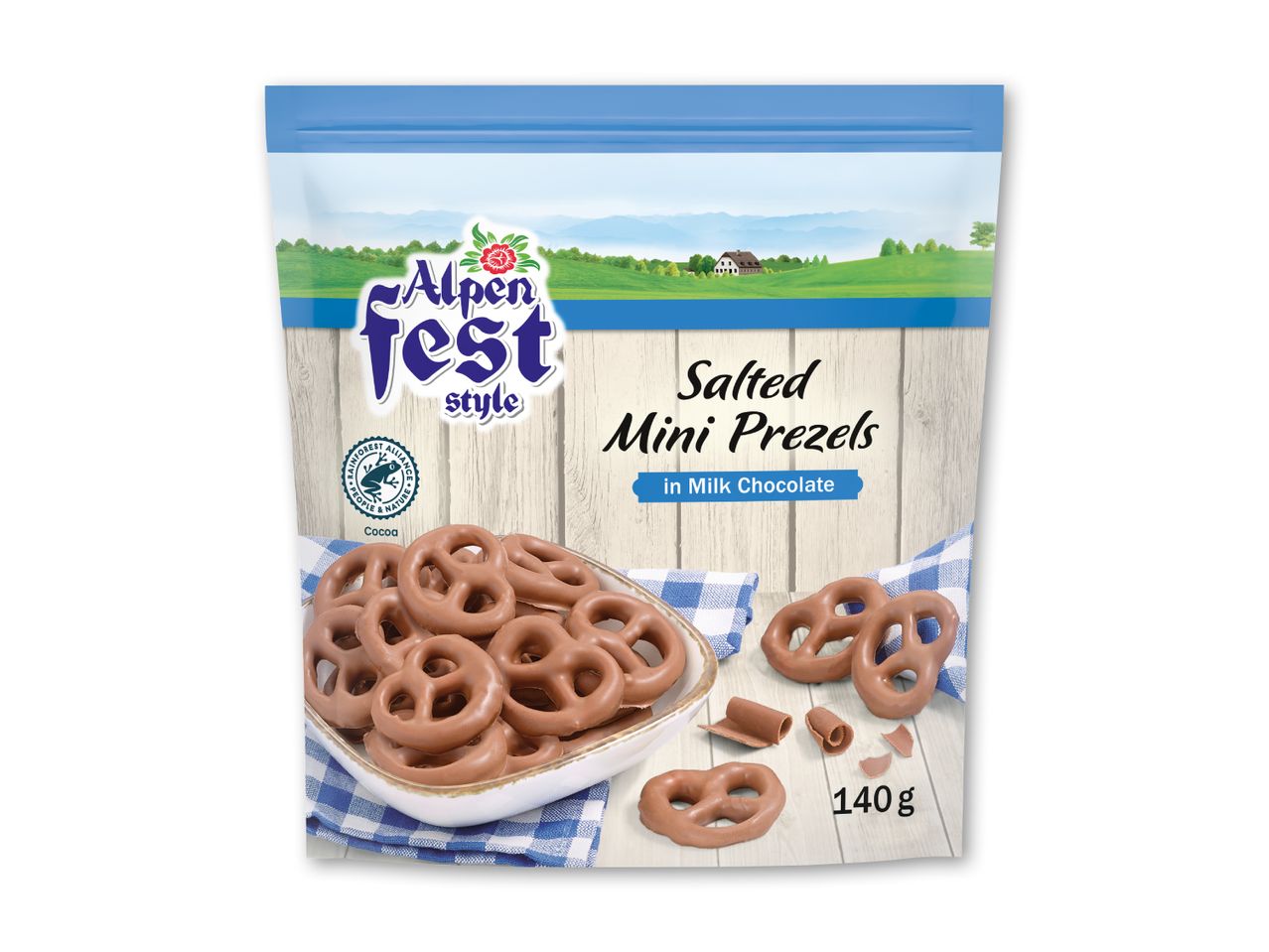Pose med saltede mini-kringler i mælkechokolade, 140 g.