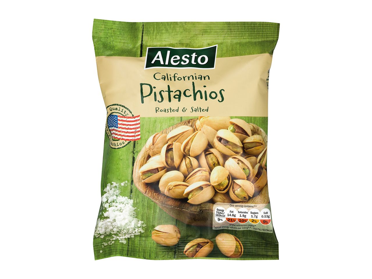 Alesto Californian Pistachios: roasted & salted snack pack.