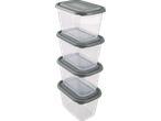 Permatomi skaidrūs maisto indai su pilkais dangteliais.