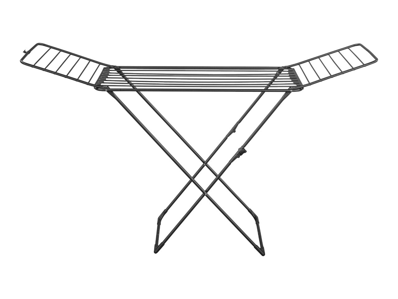 Black metal clothes drying rack with extendable wings.