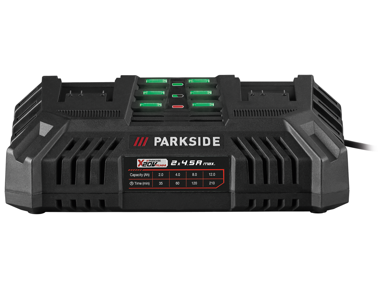 Зарядно устройство за батерии с две гнезда, показващо време за зареждане за различни капацитети.