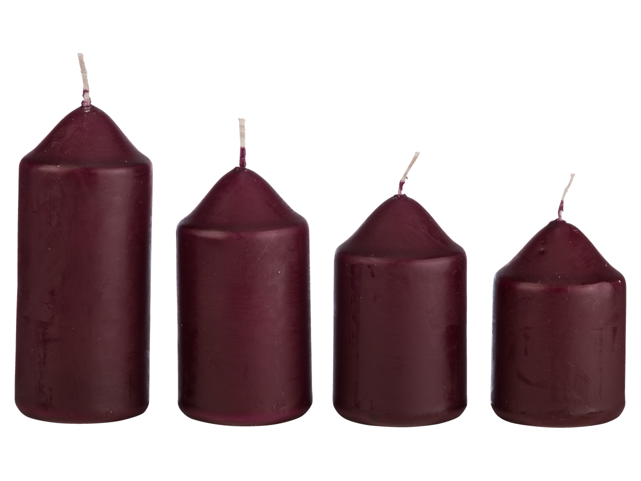 Komplekt 4 erineva suurusega koonilist burgundia värvi küünalt