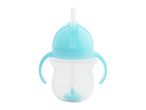 Light blue baby sippy cup with handles and a straw, on a white background.