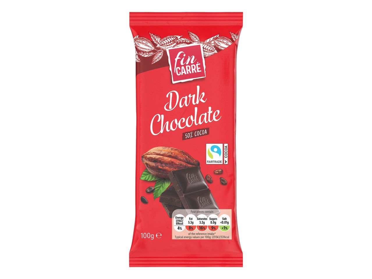 Fin Carré Dark Chocolate bar with 50% cocoa, featuring Fairtrade certification and nutritional information.