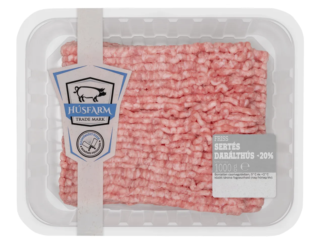 Hüsfarm sertés darált hús műanyag tálcában.