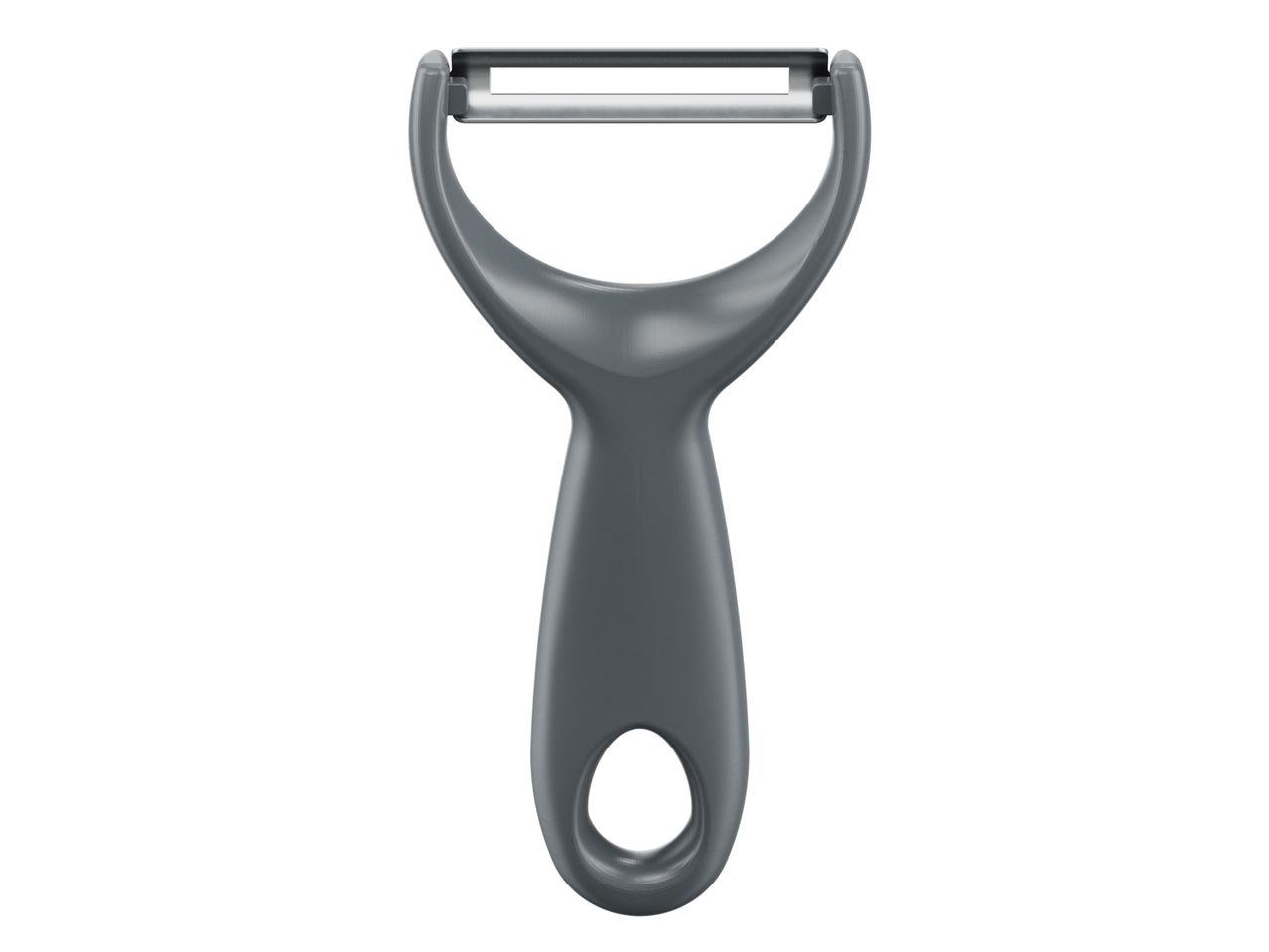 Gray vegetable peeler with a metal blade and a hole in the handle
